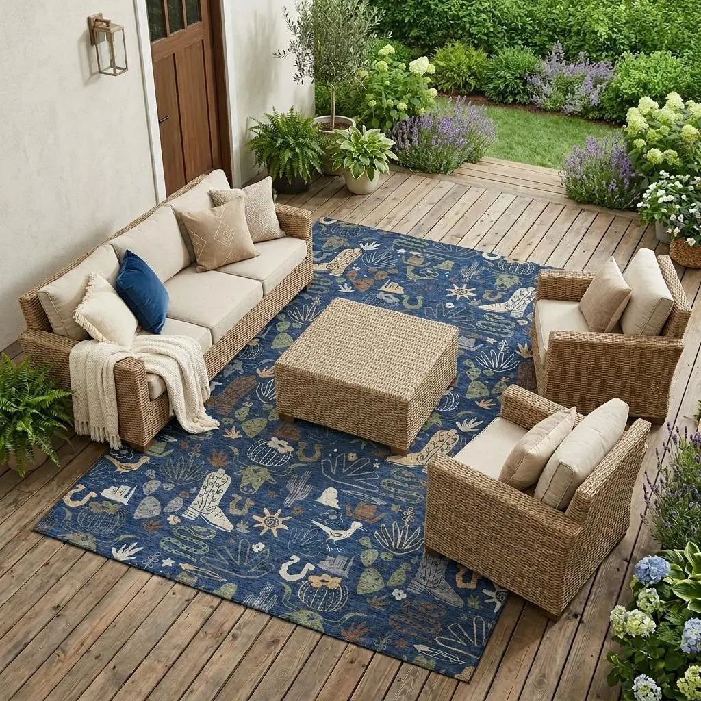 9' X 12' Navy Blue And Brown Cactus Washable Indoor Outdoor Area Rug Homeroots Outdoor