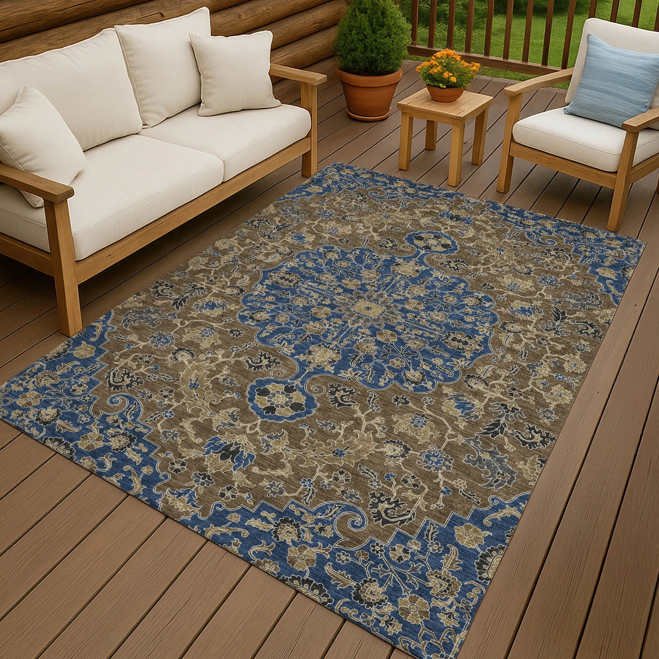 9' X 12' Navy Blue And Brown Floral Medallion Washable Indoor Outdoor Area Rug Homeroots Outdoor