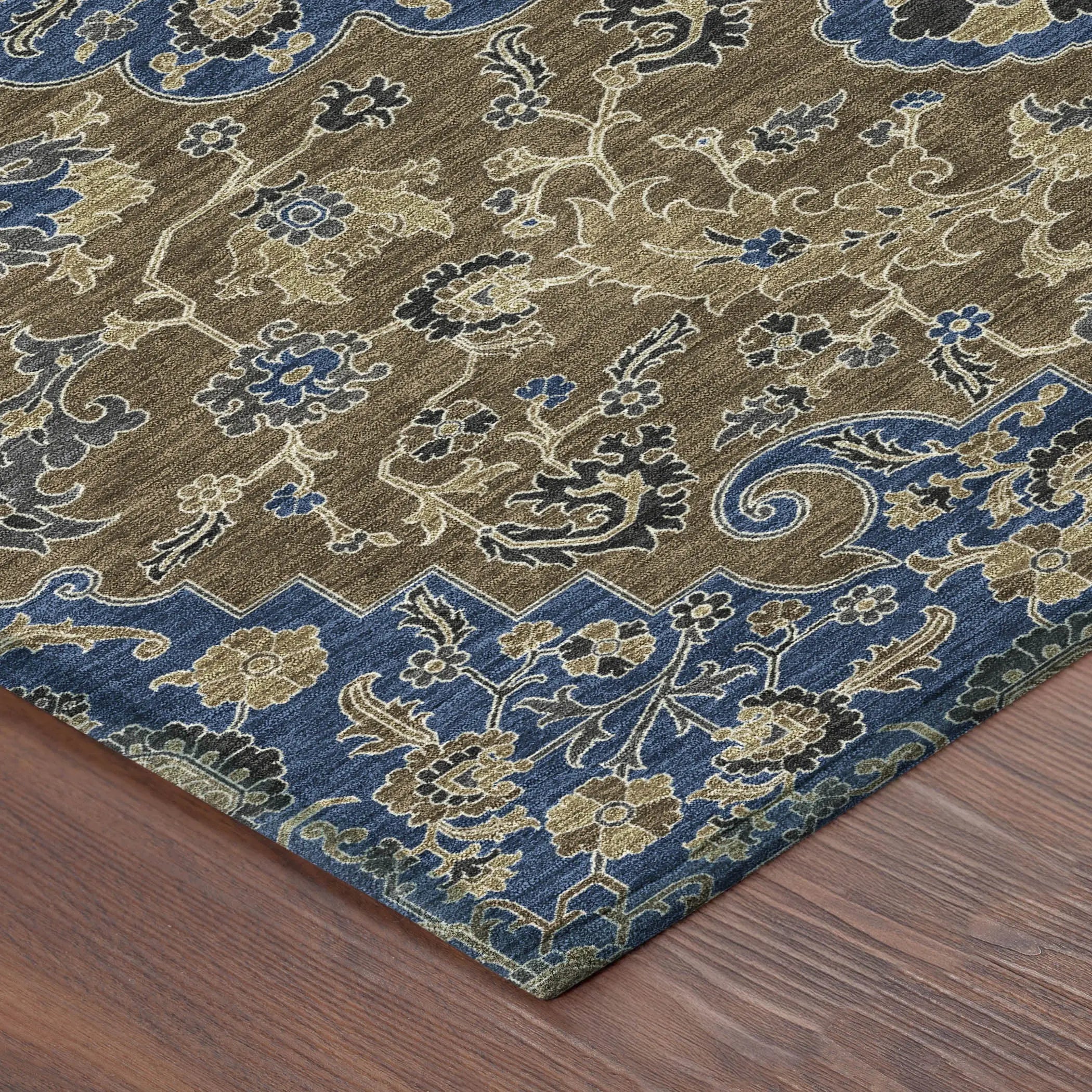 9' X 12' Navy Blue And Brown Floral Medallion Washable Indoor Outdoor Area Rug Homeroots Outdoor