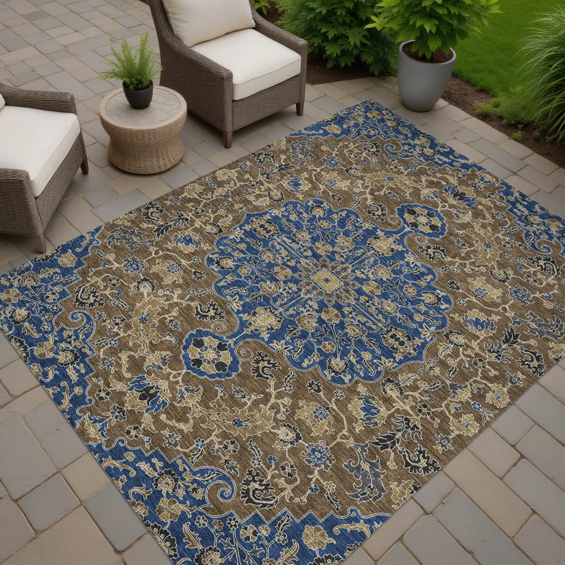 9' X 12' Navy Blue And Brown Floral Medallion Washable Indoor Outdoor Area Rug Homeroots Outdoor