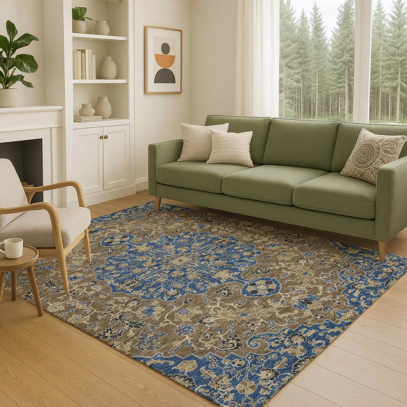 9' X 12' Navy Blue And Brown Floral Medallion Washable Indoor Outdoor Area Rug Homeroots Outdoor