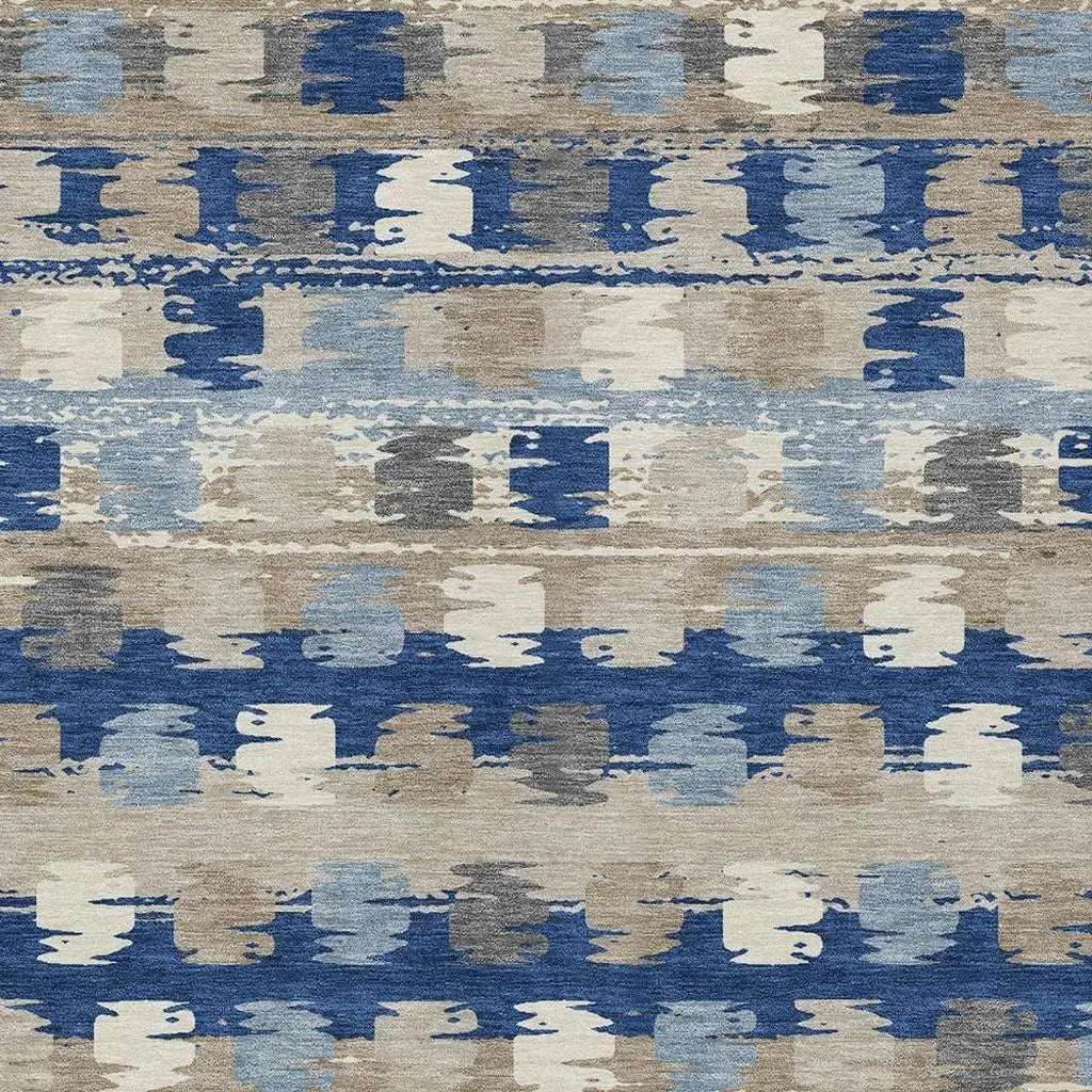 Blue and beige abstract patterned area rug, featuring a textured weave and modern design. Perfect for contemporary decor.