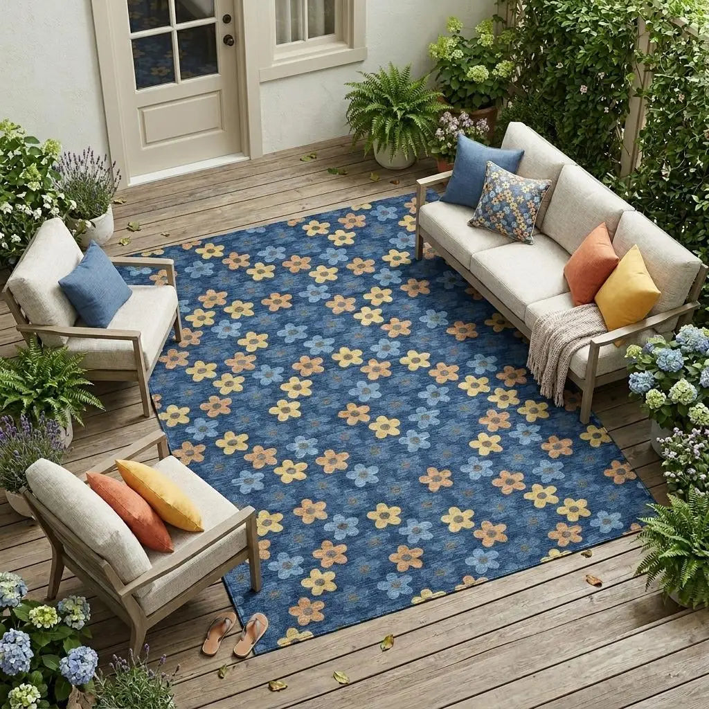9' X 12' Navy Blue And Copper Floral Washable Indoor Outdoor Area Rug Homeroots Outdoor