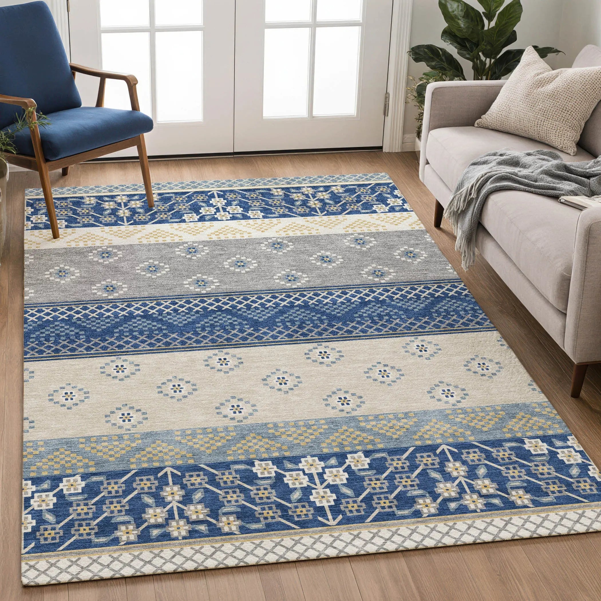 9' X 12' Navy Blue And Copper Striped Washable Indoor Outdoor Area Rug Homeroots Outdoor