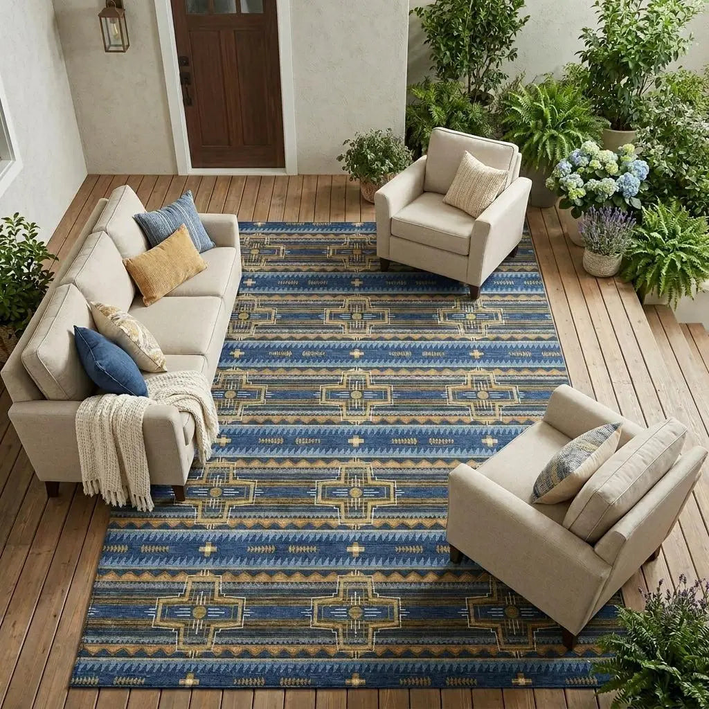 9' X 12' Navy Blue And Coral Tribal Washable Indoor Outdoor Area Rug Homeroots Outdoor