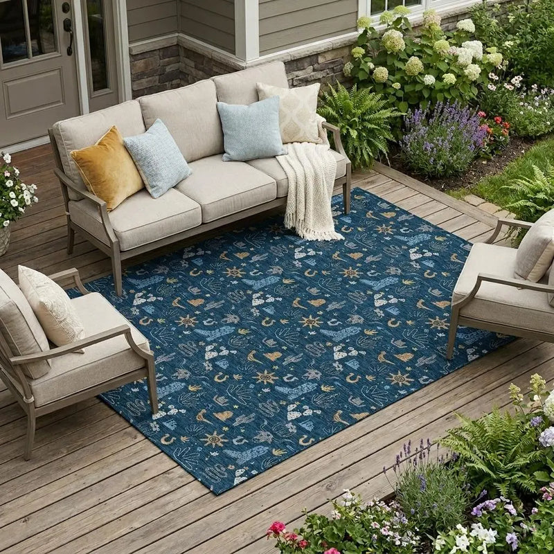 9' X 12' Navy Blue And Denim Blue Cactus Washable Indoor Outdoor Area Rug Homeroots Outdoor