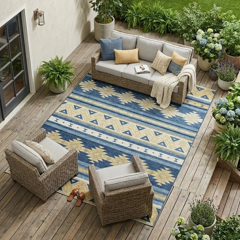 9' X 12' Navy Blue And Denim Blue Southwestern Washable Indoor Outdoor Area Rug Homeroots Outdoor