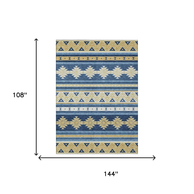 9' X 12' Navy Blue And Denim Blue Southwestern Washable Indoor Outdoor Area Rug Homeroots Outdoor
