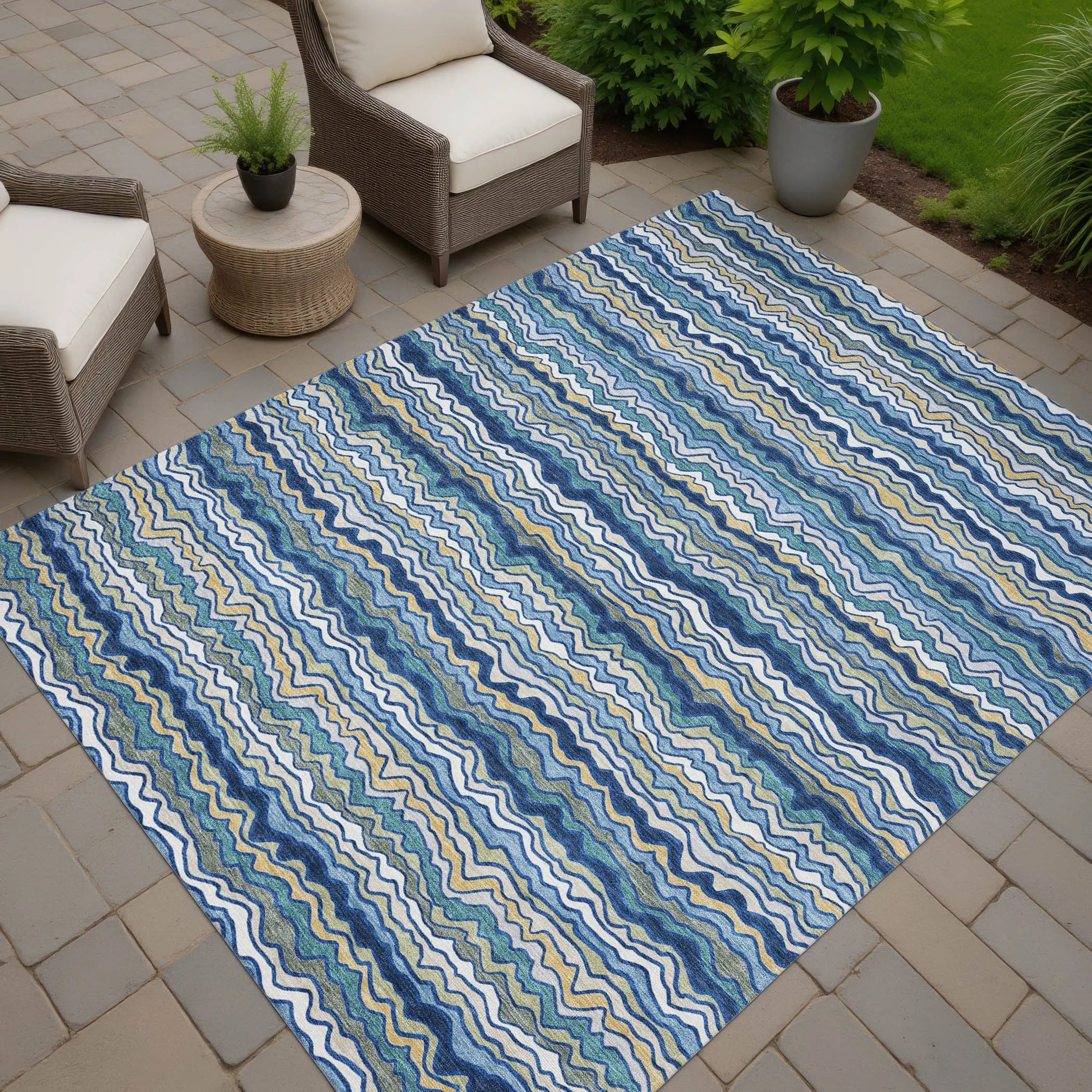 9' X 12' Navy Blue And Denim Blue Striped Washable Indoor Outdoor Area Rug Homeroots Outdoor