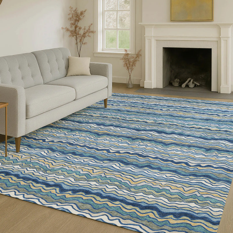 9' X 12' Navy Blue And Denim Blue Striped Washable Indoor Outdoor Area Rug Homeroots Outdoor