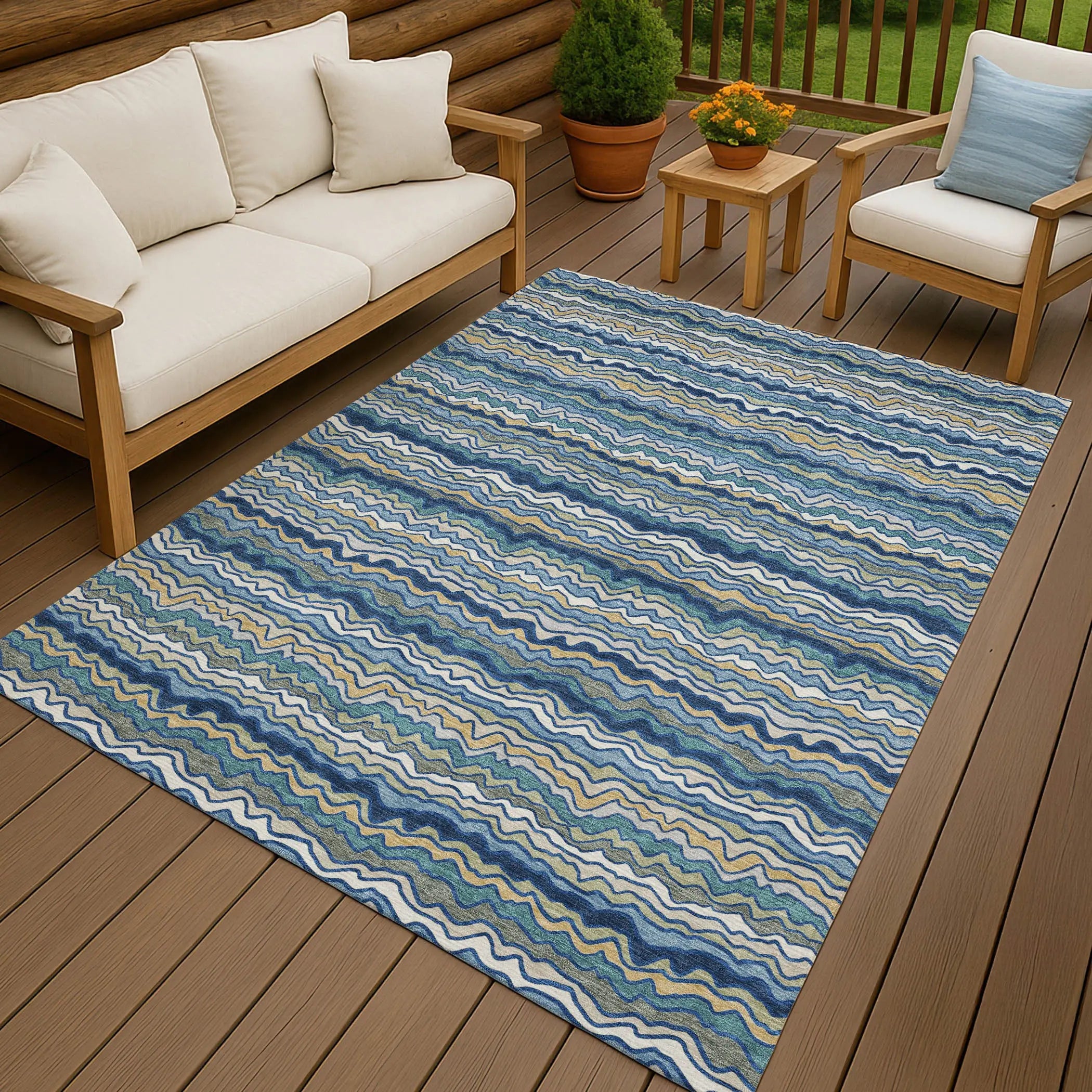 9' X 12' Navy Blue And Denim Blue Striped Washable Indoor Outdoor Area Rug Homeroots Outdoor