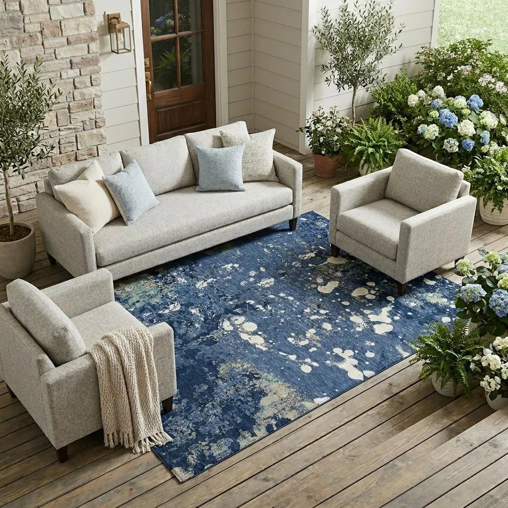 9' X 12' Navy Blue And Fern Green Abstract Washable Indoor Outdoor Area Rug Homeroots Outdoor