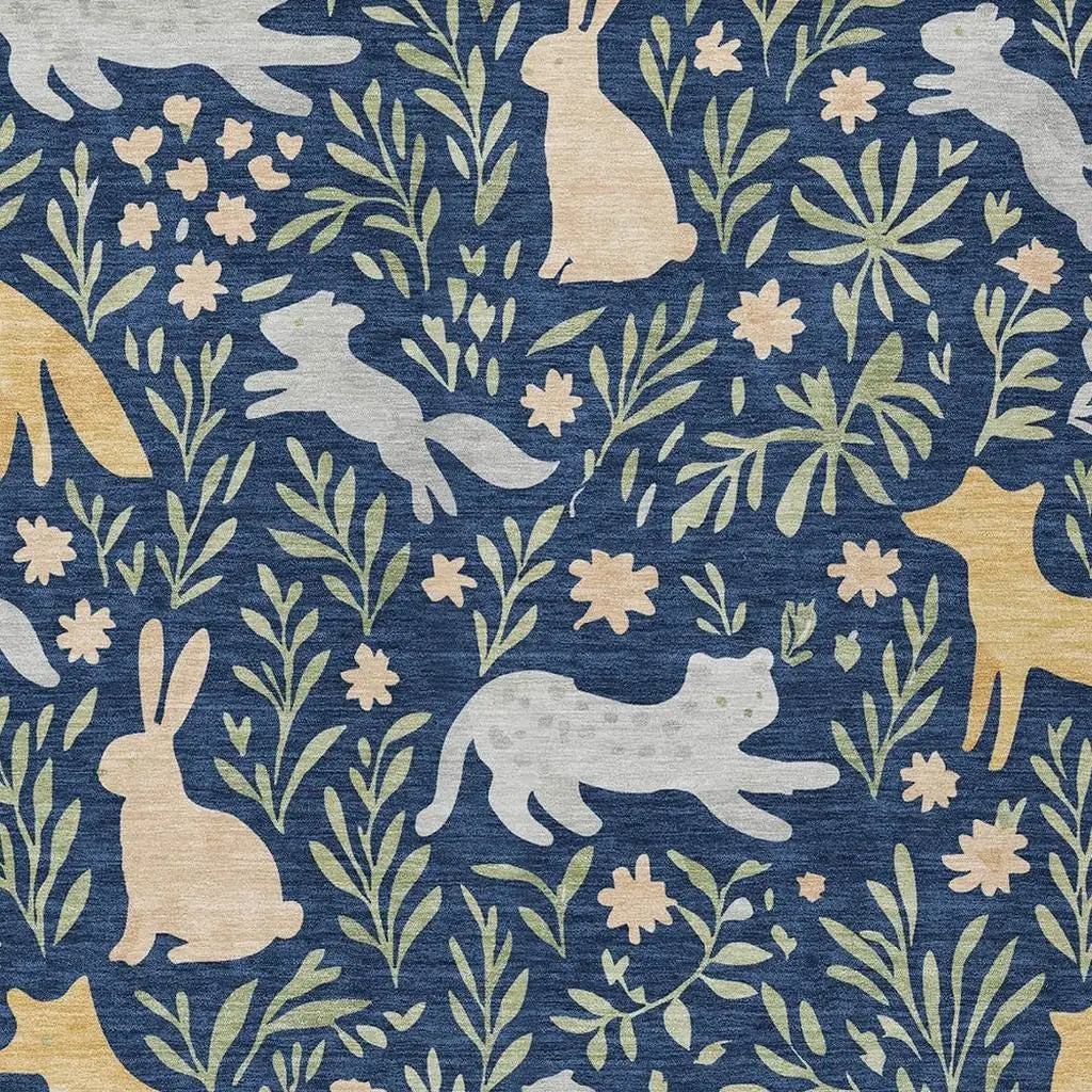 9' X 12' Navy Blue And Gold Botanical Leaves Washable Indoor Outdoor Area Rug Homeroots Outdoor