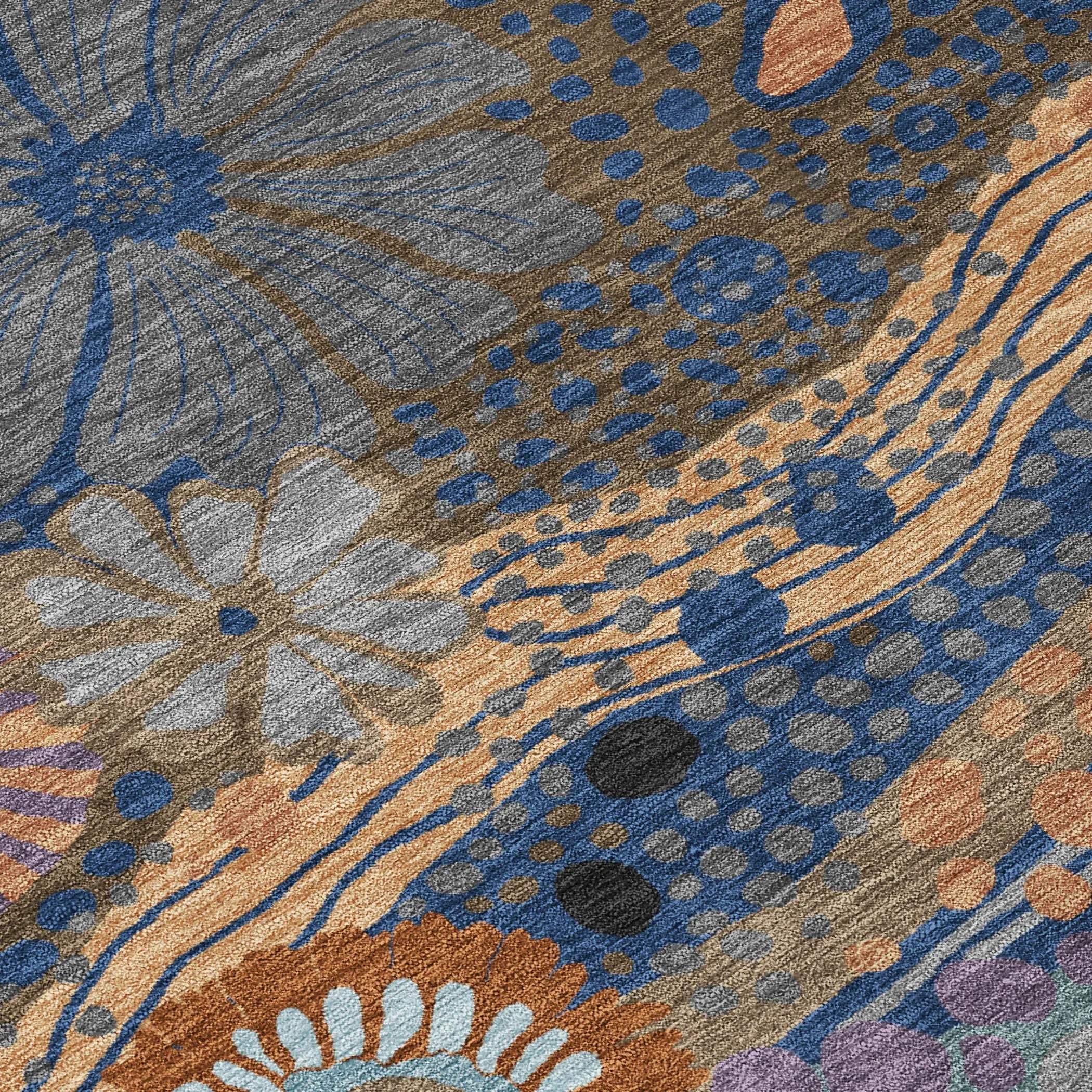 9' X 12' Navy Blue And Gold Floral Washable Indoor Outdoor Area Rug Homeroots Outdoor