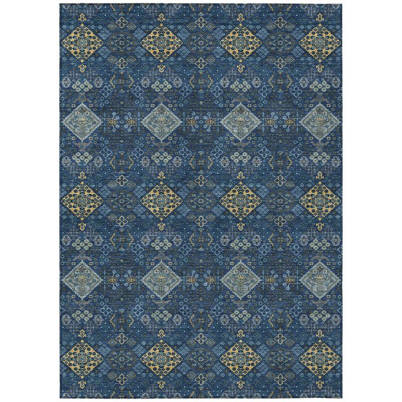 9' X 12' Navy Blue And Gold Geometric Washable Indoor Outdoor Area Rug Homeroots Outdoor