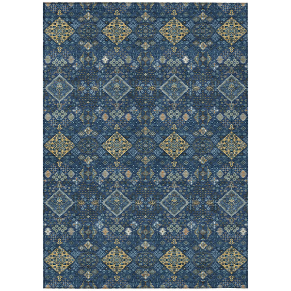 9' X 12' Navy Blue And Gold Geometric Washable Indoor Outdoor Area Rug Homeroots Outdoor