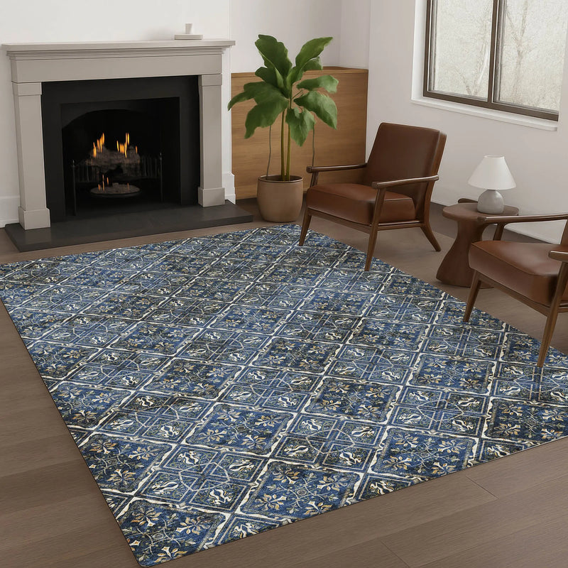 9' X 12' Navy Blue And Gray Geometric Washable Indoor Outdoor Area Rug Homeroots Outdoor