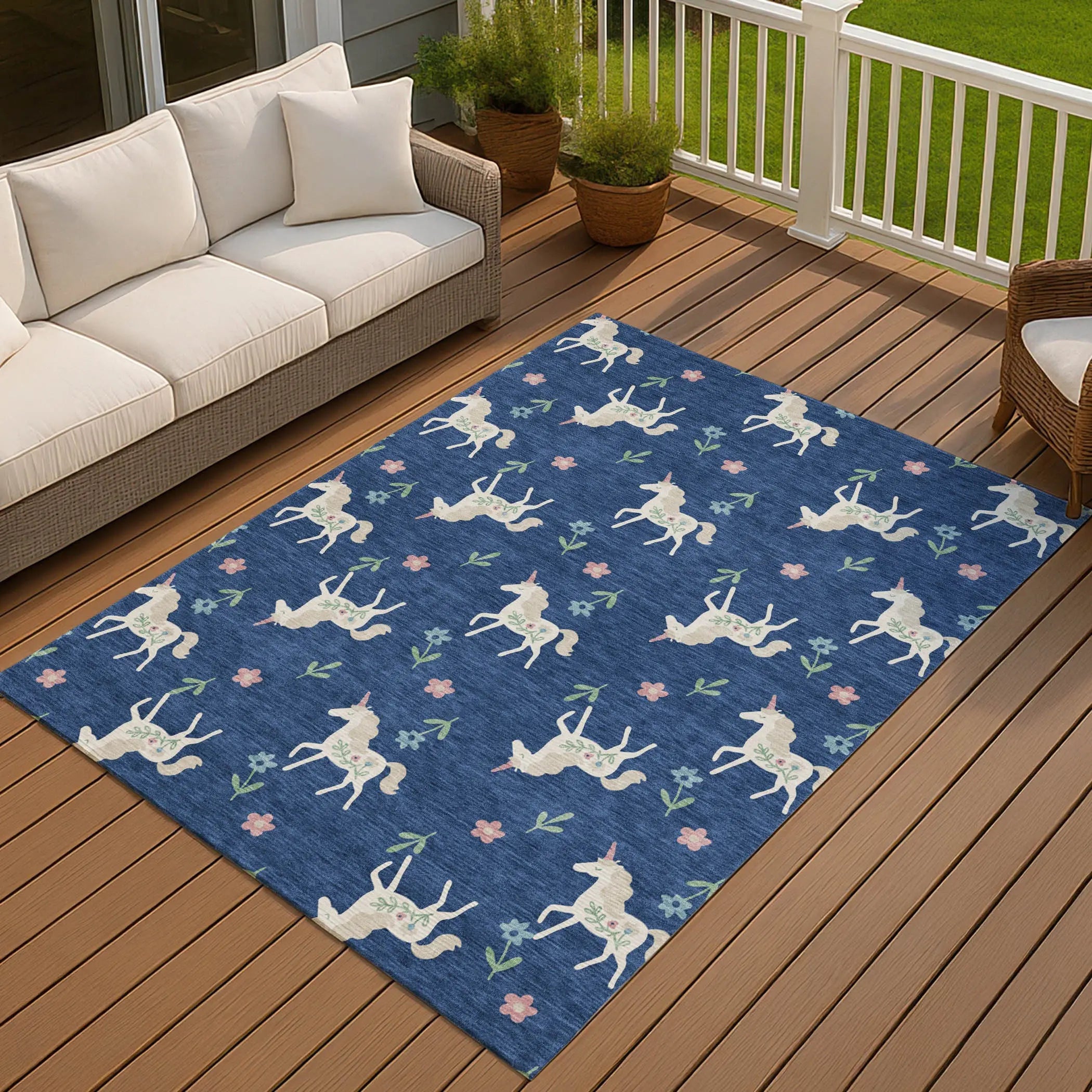 9' X 12' Navy Blue And Green Floral Washable Indoor Outdoor Area Rug Homeroots Outdoor