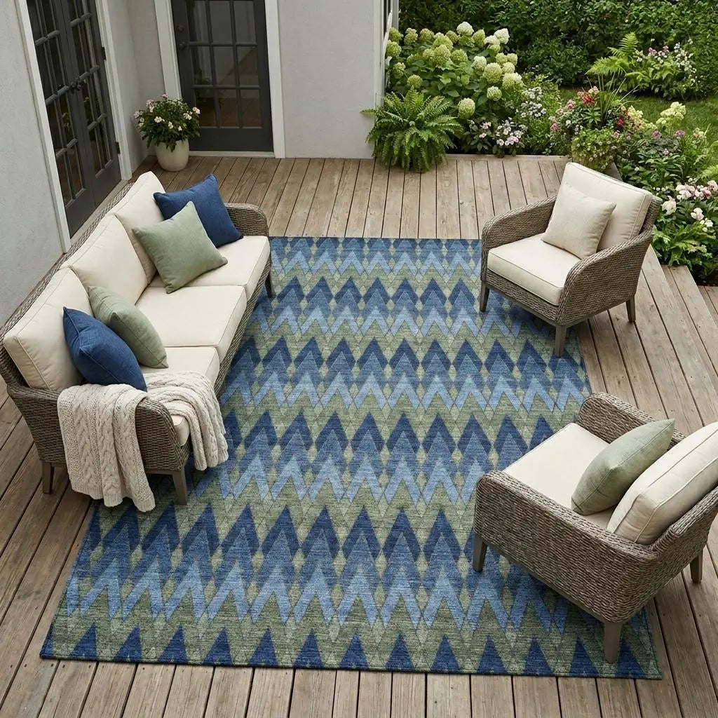 9' X 12' Navy Blue And Green Geometric Washable Indoor Outdoor Area Rug Homeroots Outdoor
