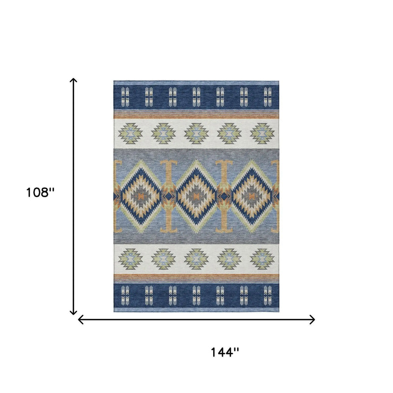 9' X 12' Navy Blue And Green Southwestern Washable Indoor Outdoor Area Rug Homeroots Outdoor