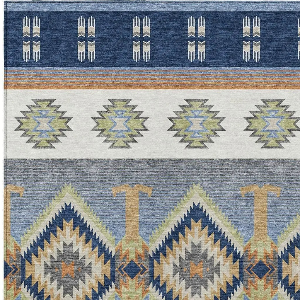 9' X 12' Navy Blue And Green Southwestern Washable Indoor Outdoor Area Rug Homeroots Outdoor