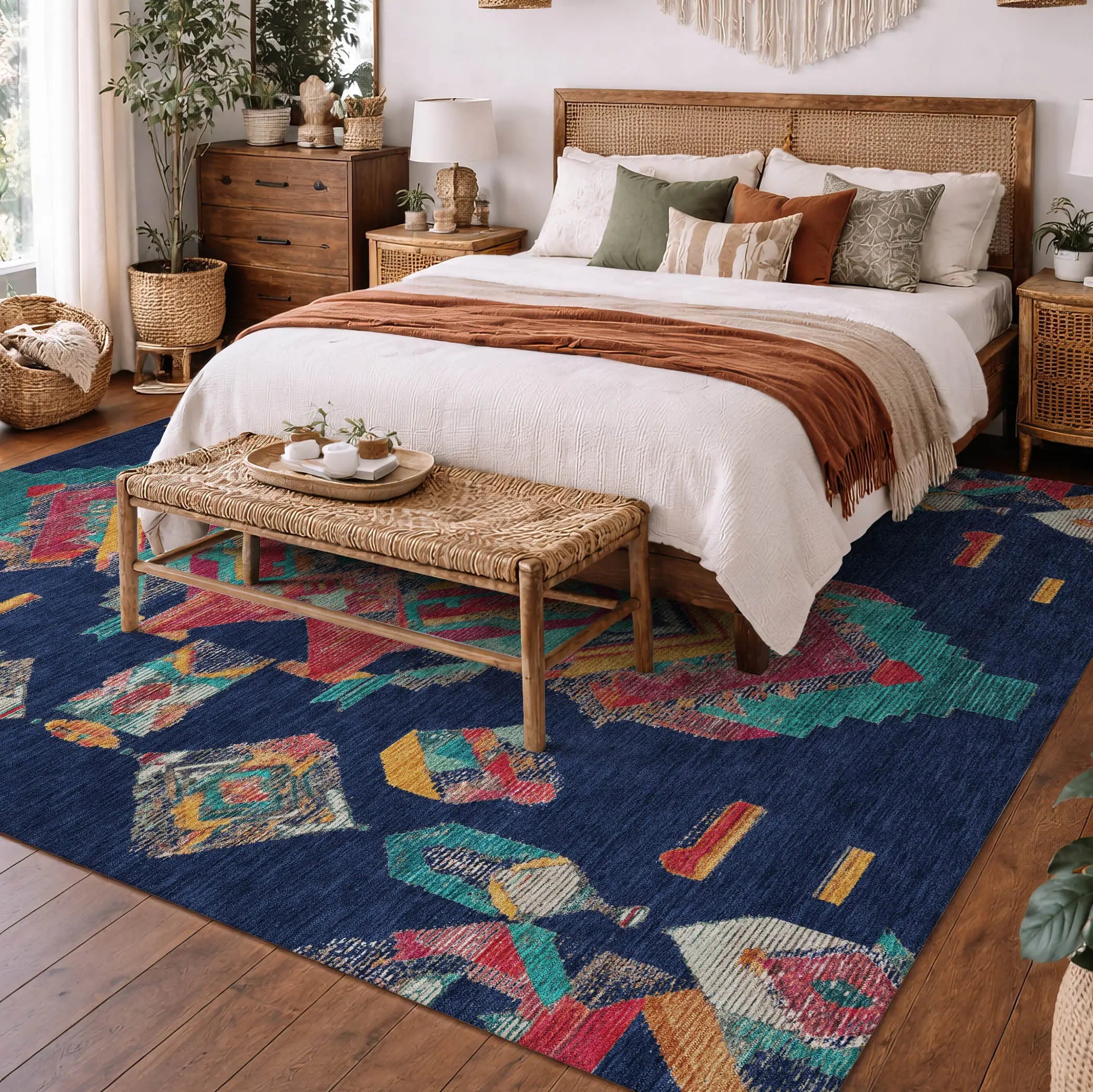 9' X 12' Navy Blue And Green Tribal Washable Indoor Outdoor Area Rug Homeroots Outdoor