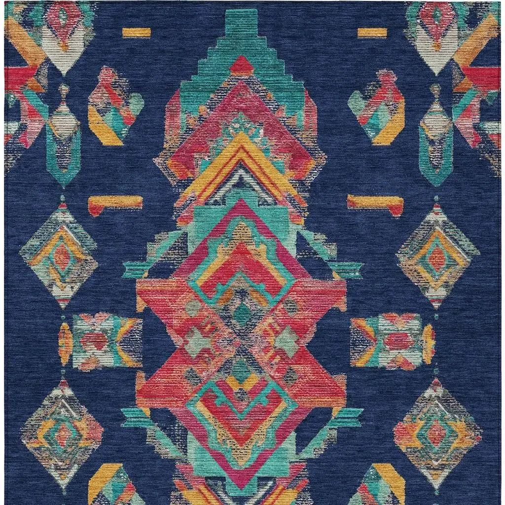 9' X 12' Navy Blue And Green Tribal Washable Indoor Outdoor Area Rug Homeroots Outdoor