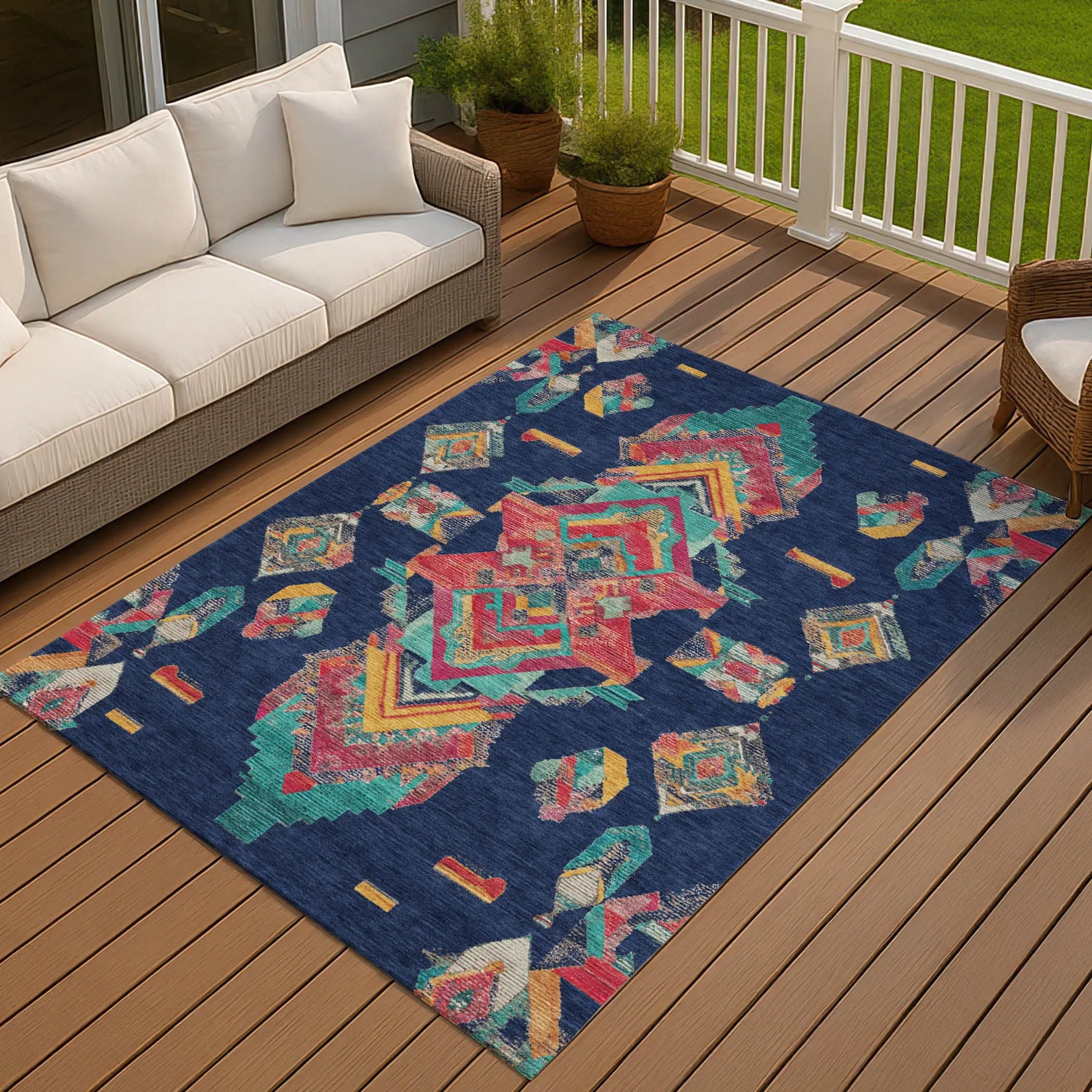9' X 12' Navy Blue And Green Tribal Washable Indoor Outdoor Area Rug Homeroots Outdoor