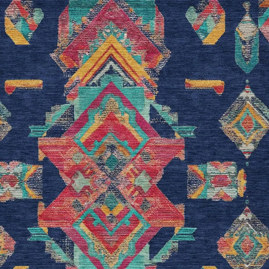 9' X 12' Navy Blue And Green Tribal Washable Indoor Outdoor Area Rug Homeroots Outdoor