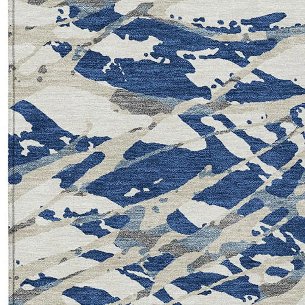 9' X 12' Navy Blue And Ivory Abstract Washable Indoor Outdoor Area Rug Homeroots Outdoor