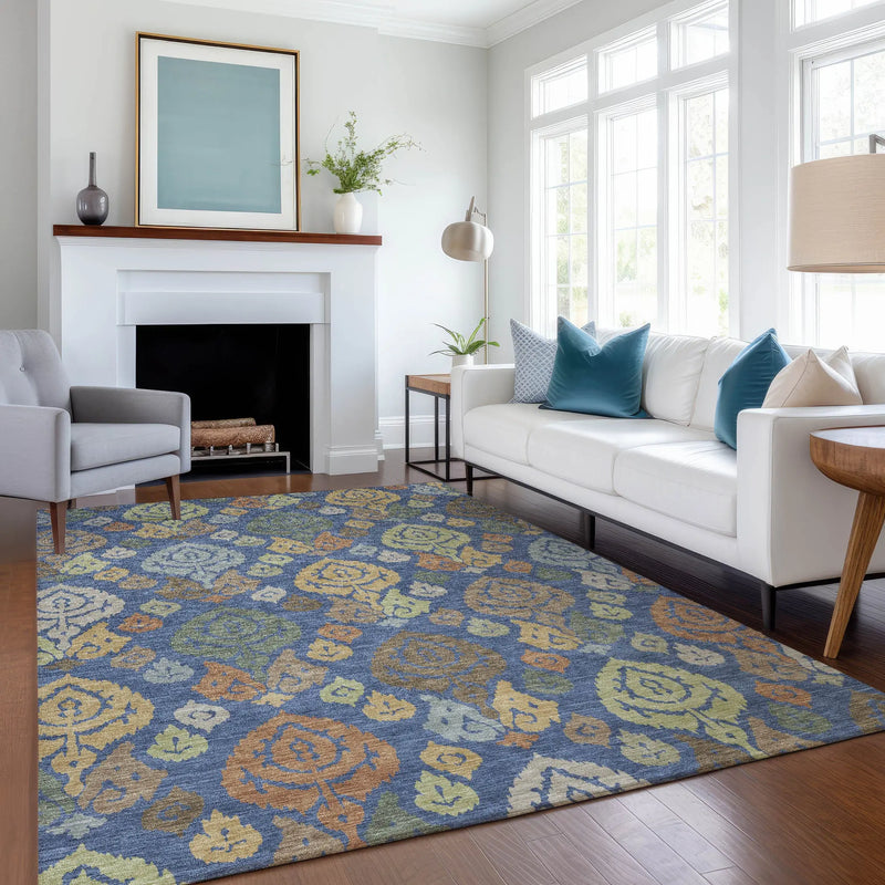 9' X 12' Navy Blue And Ivory Damask Washable Indoor Outdoor Area Rug Homeroots Outdoor