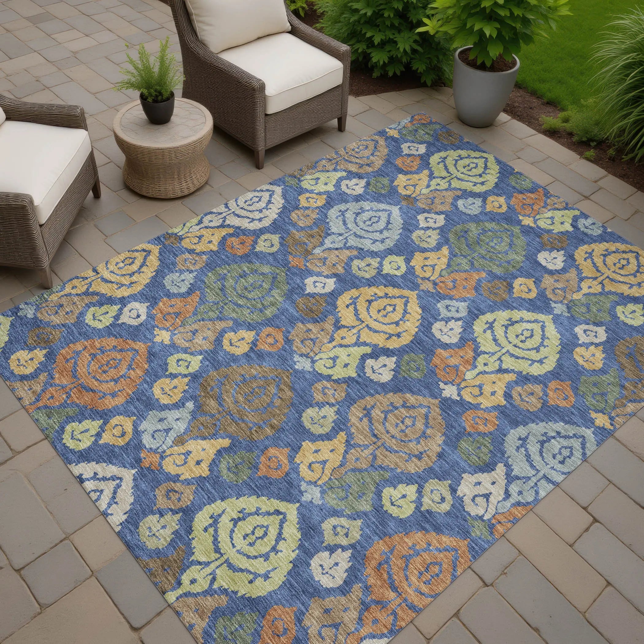 9' X 12' Navy Blue And Ivory Damask Washable Indoor Outdoor Area Rug Homeroots Outdoor