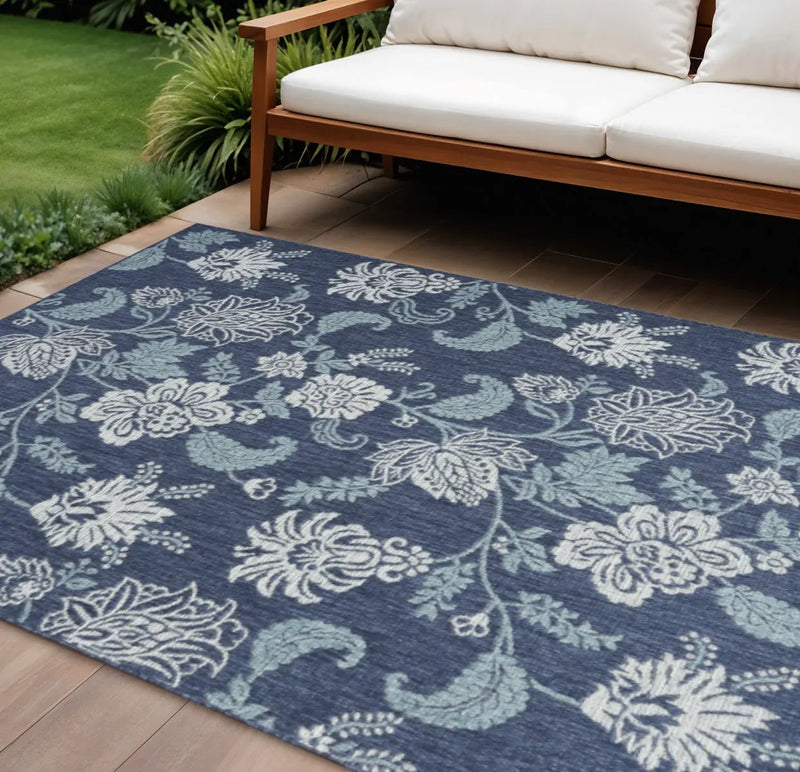 9' X 12' Navy Blue And Ivory Floral Indoor Outdoor Area Rug Homeroots Outdoor