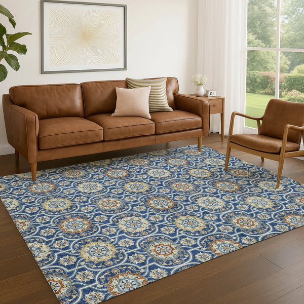 9' X 12' Navy Blue And Ivory Floral Medallion Washable Indoor Outdoor Area Rug Homeroots Outdoor