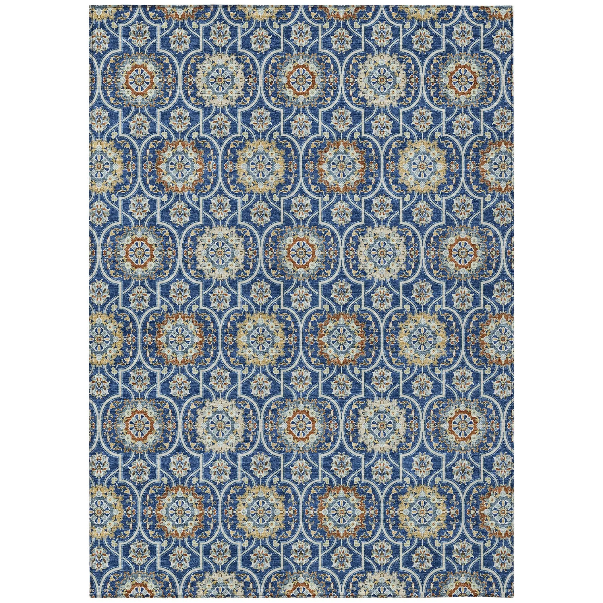 9' X 12' Navy Blue And Ivory Floral Medallion Washable Indoor Outdoor Area Rug Homeroots Outdoor