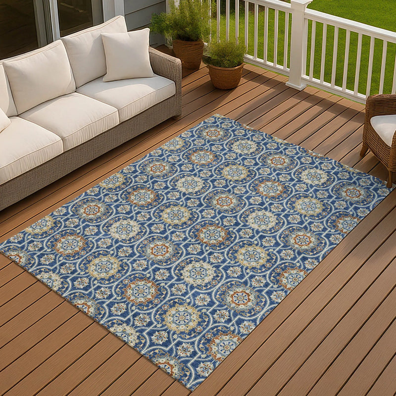 9' X 12' Navy Blue And Ivory Floral Medallion Washable Indoor Outdoor Area Rug Homeroots Outdoor