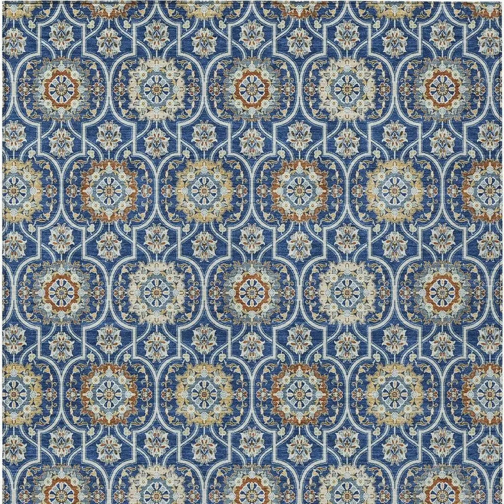 9' X 12' Navy Blue And Ivory Floral Medallion Washable Indoor Outdoor Area Rug Homeroots Outdoor