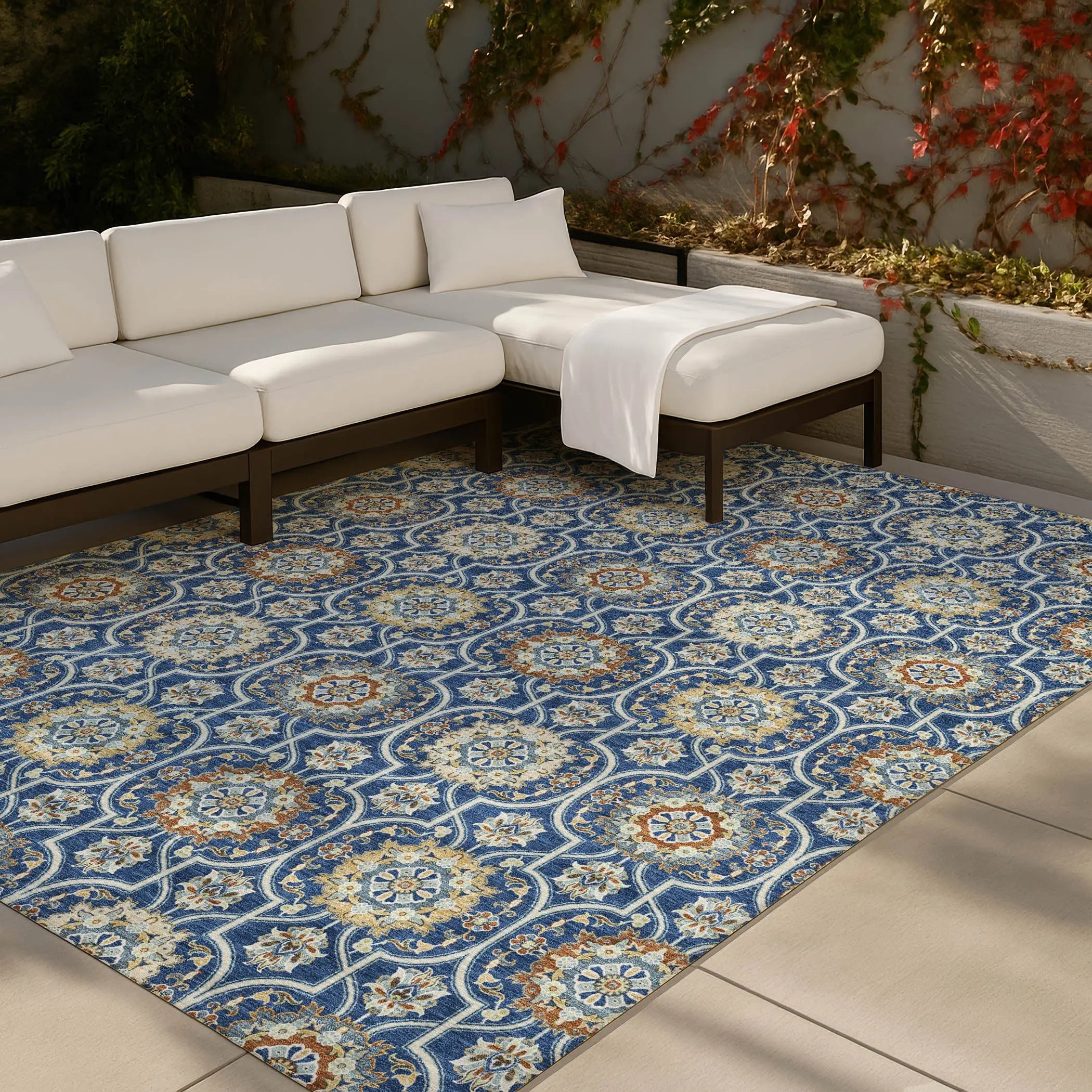 9' X 12' Navy Blue And Ivory Floral Medallion Washable Indoor Outdoor Area Rug Homeroots Outdoor