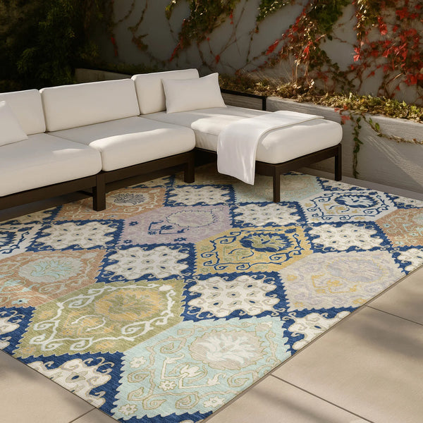 9' X 12' Navy Blue And Ivory Geometric Washable Indoor Outdoor Area Rug Homeroots Outdoor