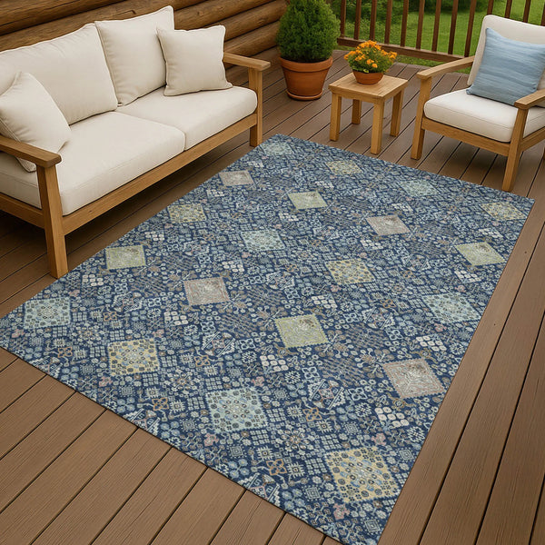 9' X 12' Navy Blue And Ivory Oriental Washable Indoor Outdoor Area Rug Homeroots Outdoor