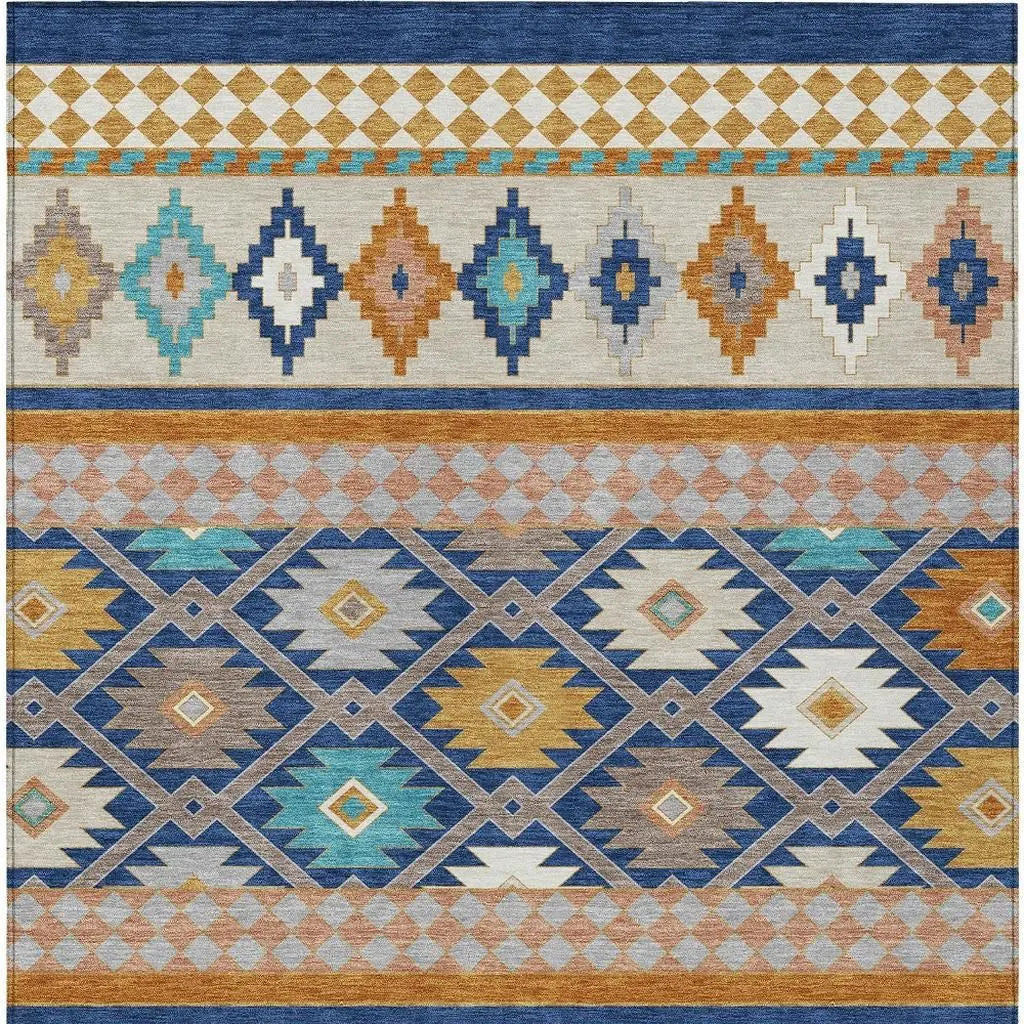 9' X 12' Navy Blue And Ivory Southwestern Washable Indoor Outdoor Area Rug Homeroots Outdoor
