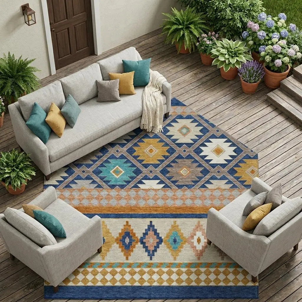 9' X 12' Navy Blue And Ivory Southwestern Washable Indoor Outdoor Area Rug Homeroots Outdoor