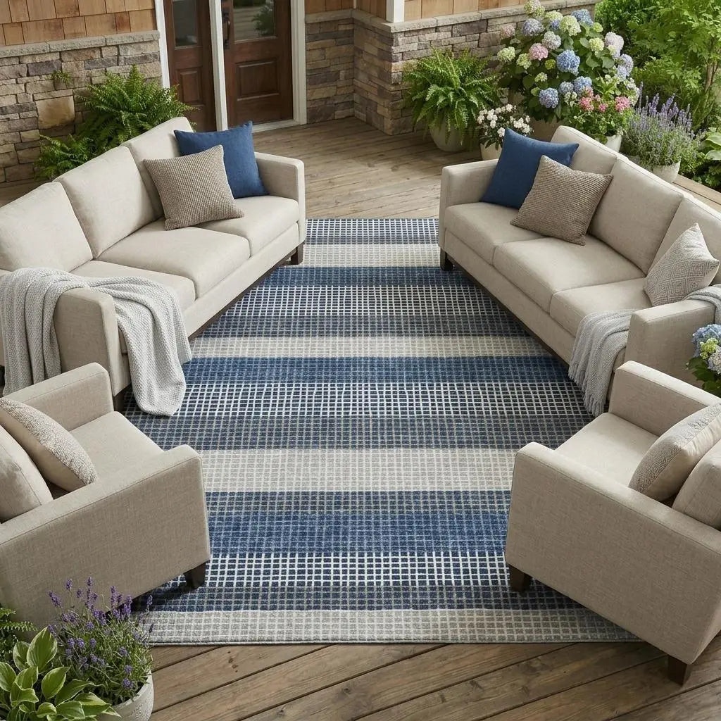 9' X 12' Navy Blue And Ivory Striped Washable Indoor Outdoor Area Rug Homeroots Outdoor