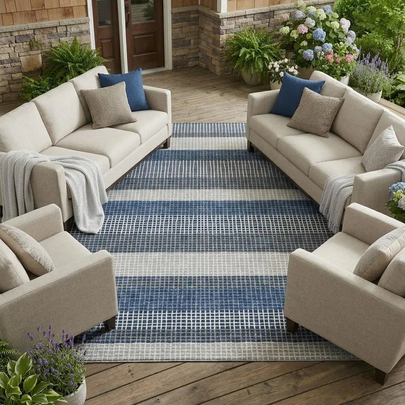 9' X 12' Navy Blue And Ivory Striped Washable Indoor Outdoor Area Rug Homeroots Outdoor