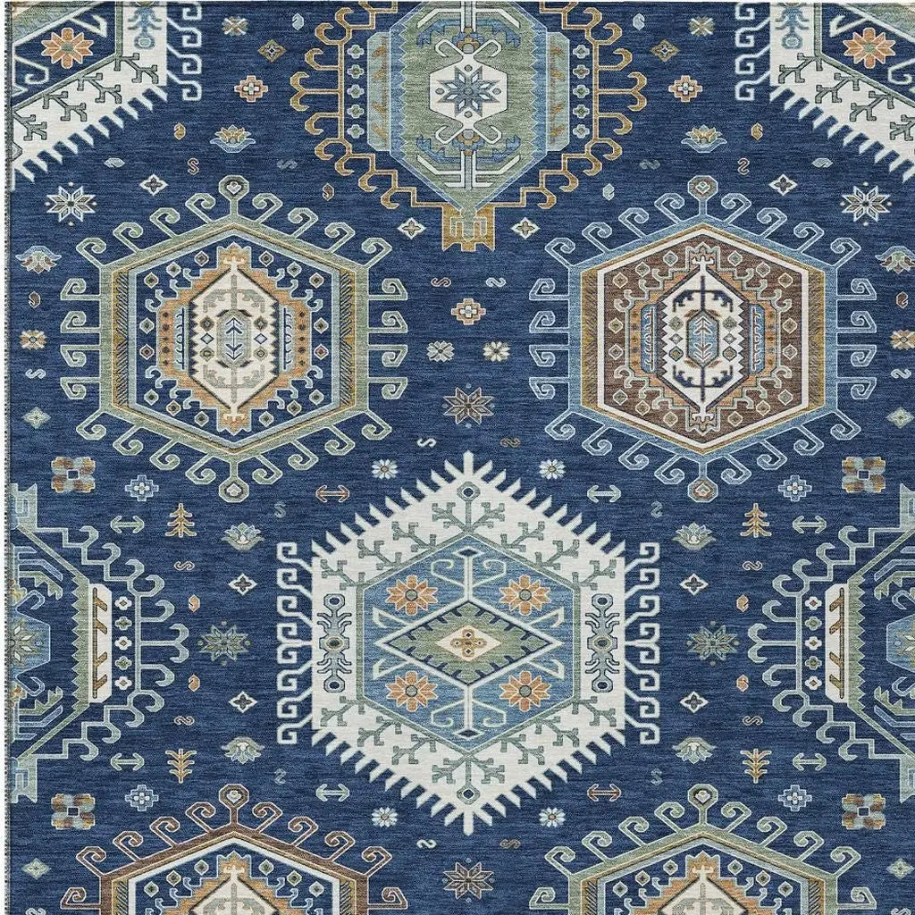 9' X 12' Navy Blue And Ivory Tribal Washable Indoor Outdoor Area Rug Homeroots Outdoor