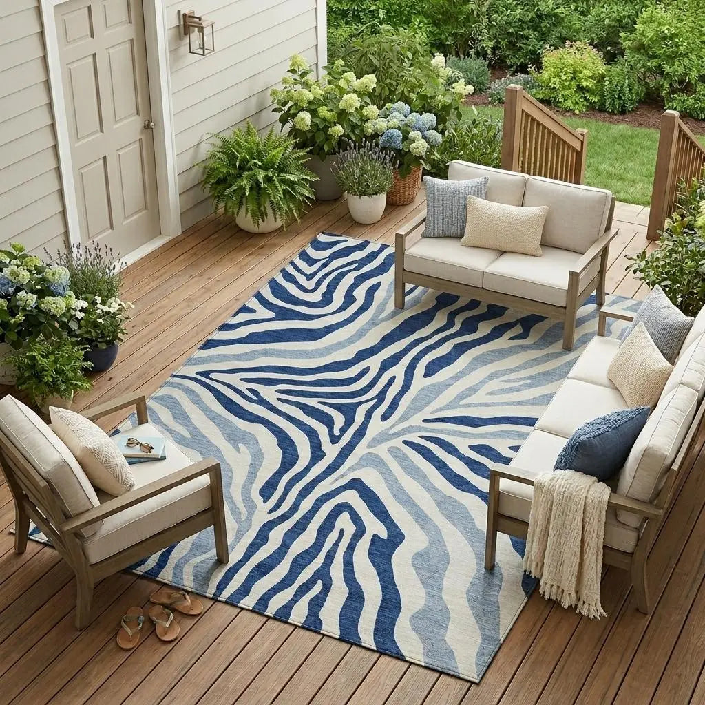 9' X 12' Navy Blue And Ivory Zebra Print Washable Indoor Outdoor Area Rug Homeroots Outdoor