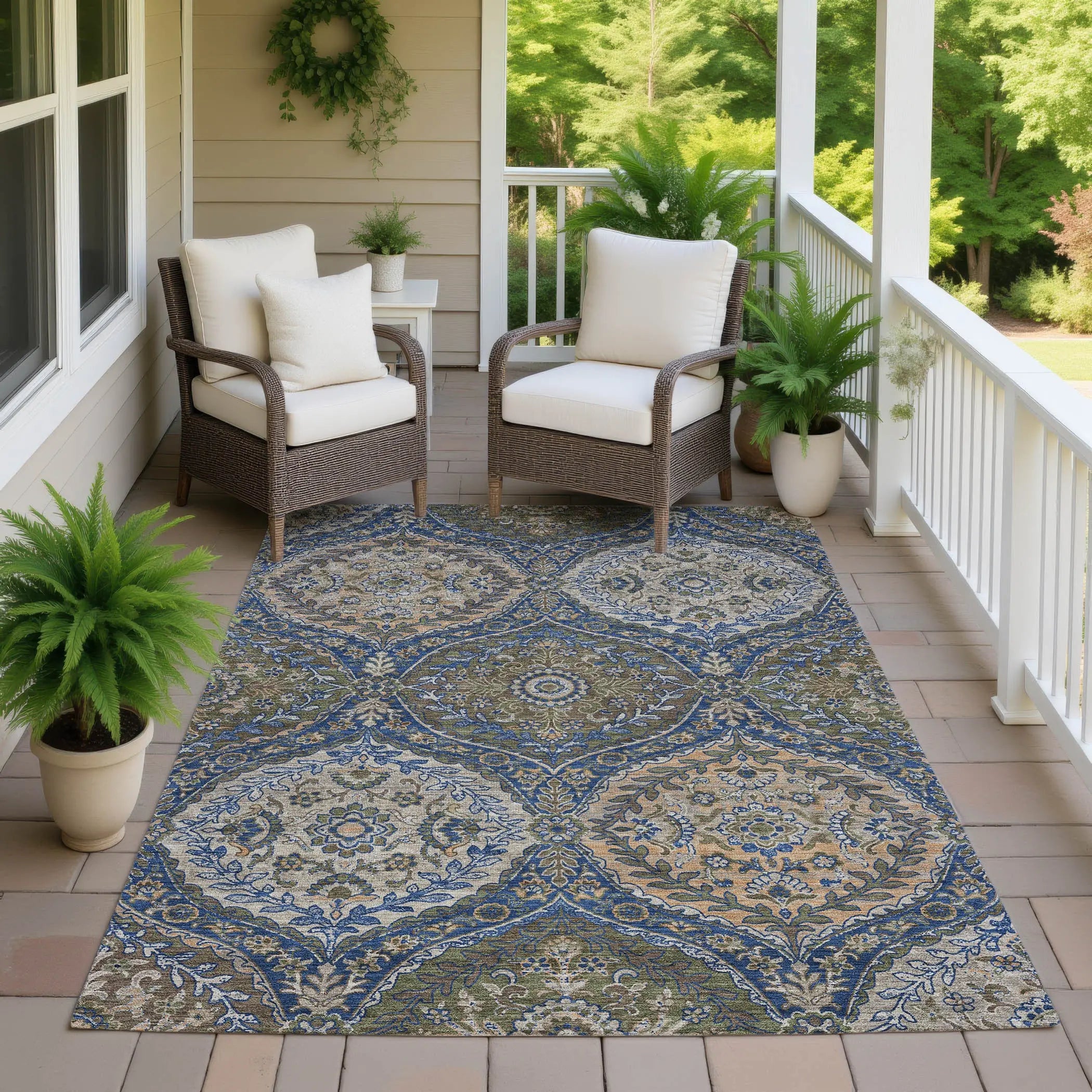 9' X 12' Navy Blue And Linen Ogee Washable Indoor Outdoor Area Rug Homeroots Outdoor