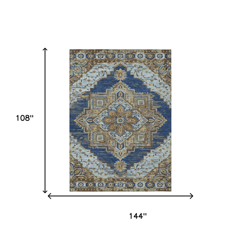 9' X 12' Navy Blue And Linen Oriental Washable Indoor Outdoor Area Rug Homeroots Outdoor
