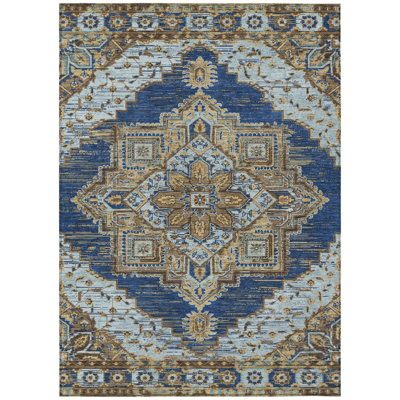 9' X 12' Navy Blue And Linen Oriental Washable Indoor Outdoor Area Rug Homeroots Outdoor