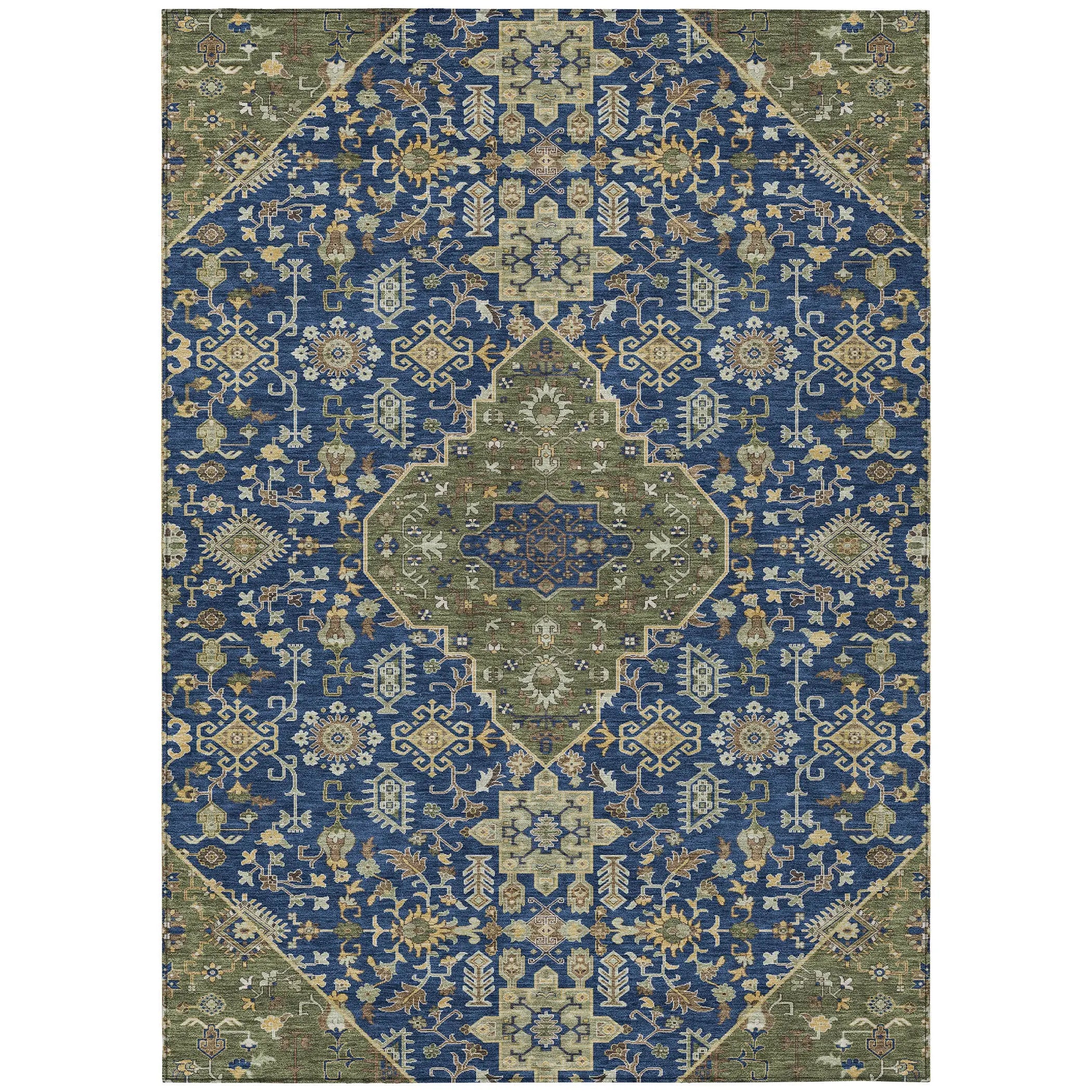9' X 12' Navy Blue And Pewter Medallion Washable Indoor Outdoor Area Rug Homeroots Outdoor